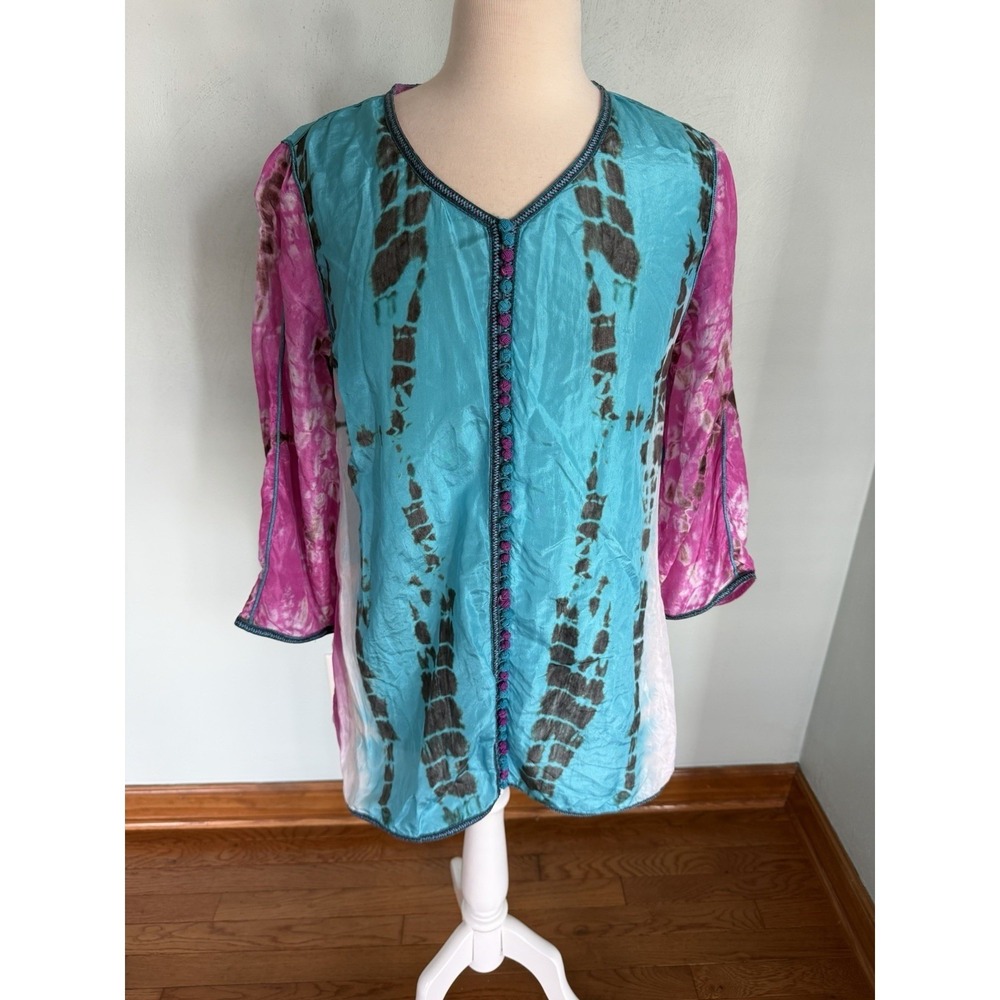 Soft Surroundings Tunic‎ Vibrant Aqua Pink Tie-Dye Pattern 100% Silk Sz M boho